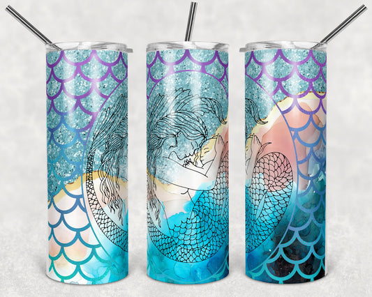 20 oz Skinny Tumbler Sublimation Design Template Mermaid Mom Child