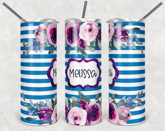 20 oz Skinny Tumbler Striped Floral Blue and Purple Sublimation Design Print Transfer