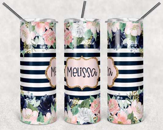 20 oz Skinny Tumbler Striped Navy Floral Sublimation Design Print Transfer