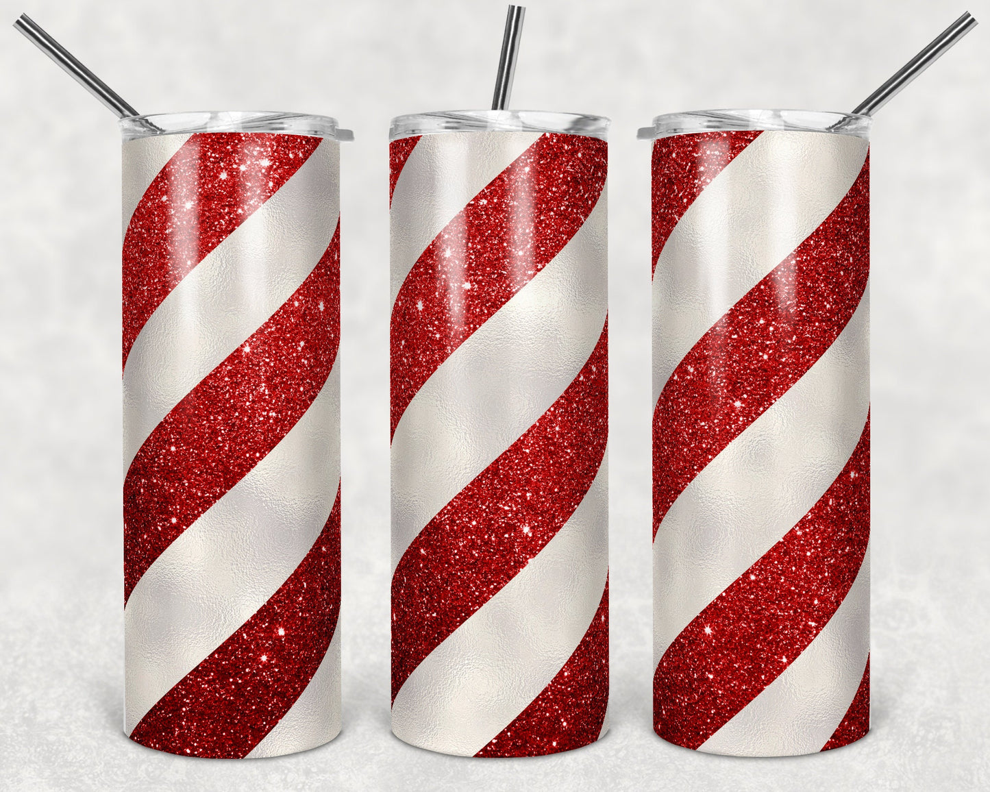 20 oz Skinny Tumbler Holiday Glitter Candy Cane Sublimation Design Print Transfer