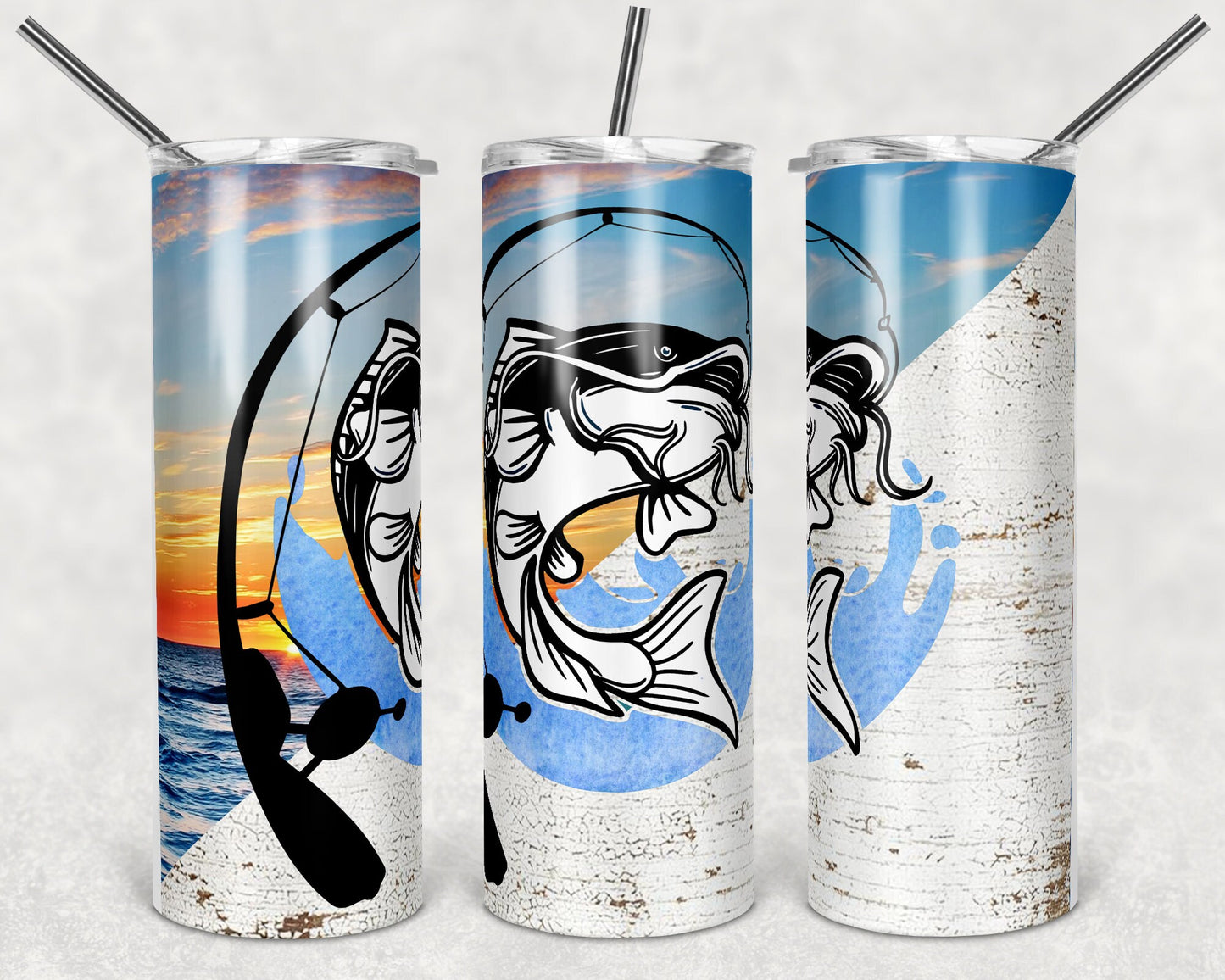 20 oz Skinny Tumbler Catfish Sunset Fishing Sublimation Design Print Transfer