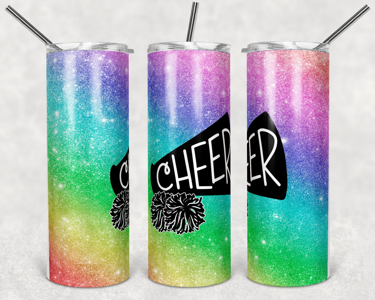 20 oz Skinny Tumbler Cheer Glitter Sublimation Design Print Transfer