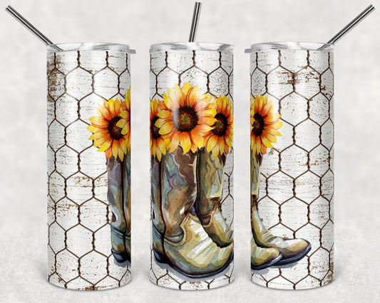 20 oz Skinny Tumbler Cowboy boots sunflowers chicken wire Sublimation Design Print Transfer