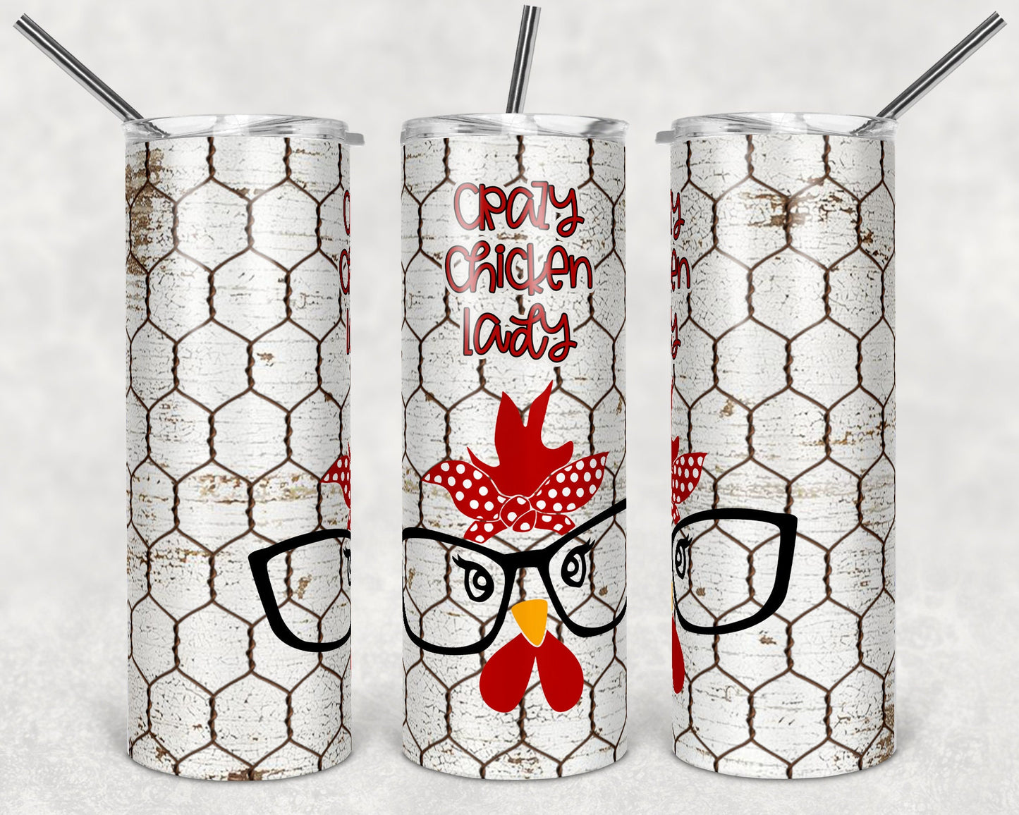 20 oz Skinny Tumbler Crazy Chicken Lady Wire Chicken Face Sublimation Design Print Transfer