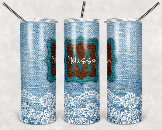 20 oz Skinny Tumbler Denim and Leather Western Country Sublimation Design Print Transfer