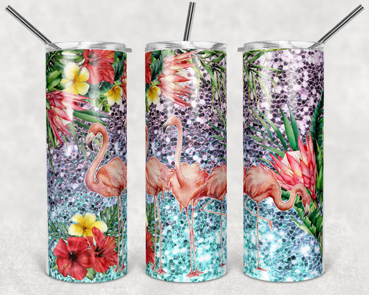 20 oz Skinny Tumbler Sublimation Design Template Glitter Flamingo Tropical