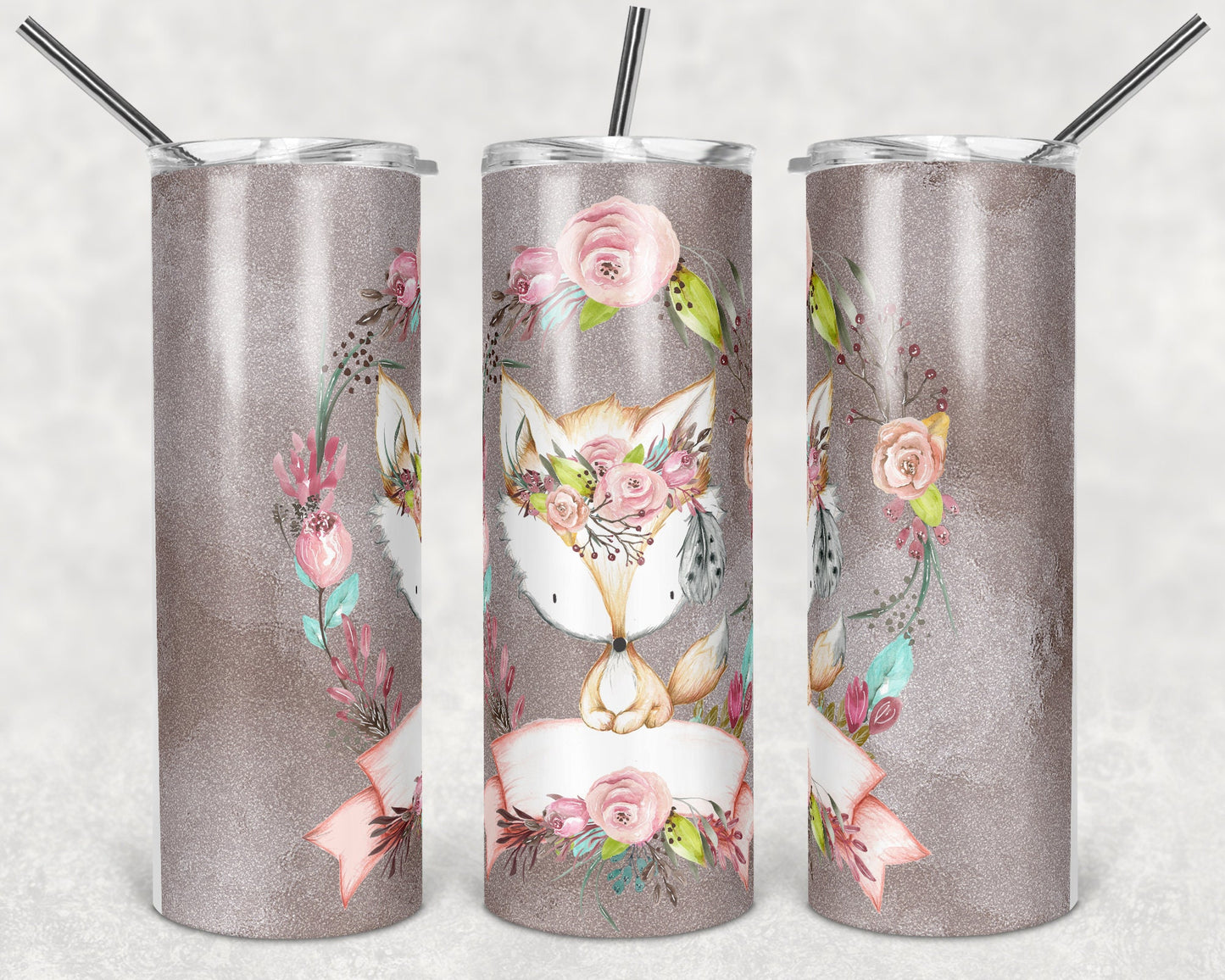 20 oz Skinny Tumbler Fox Pretty Pearl and Flowers Sublimation Design Print Transfer