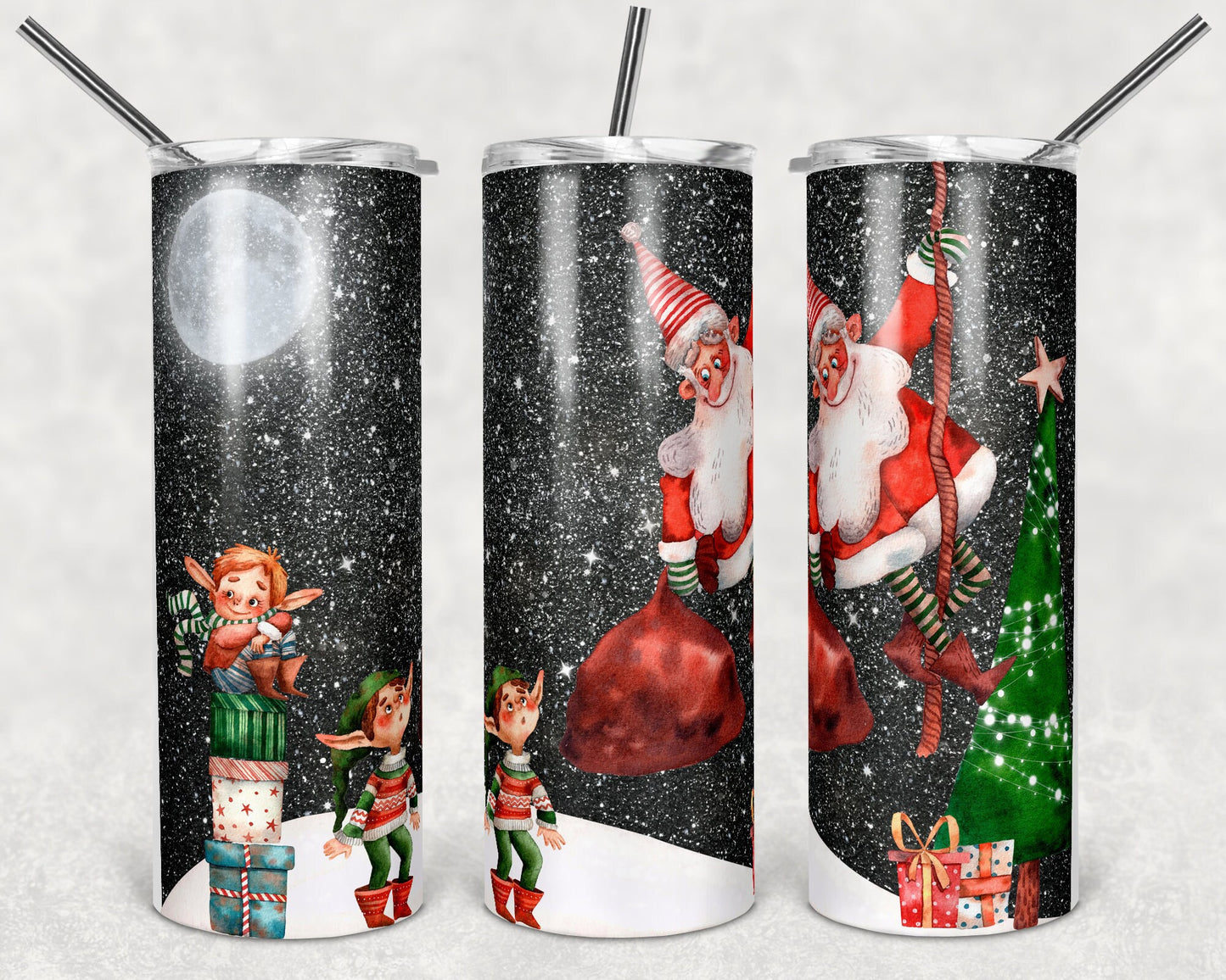 20 oz Skinny Tumbler Santa and Elves Sublimation Design Print Transfer