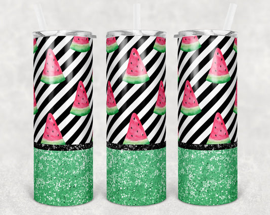 20 oz Skinny Tumbler Sublimation Diagonal Stripe Watermelon Glitter Design