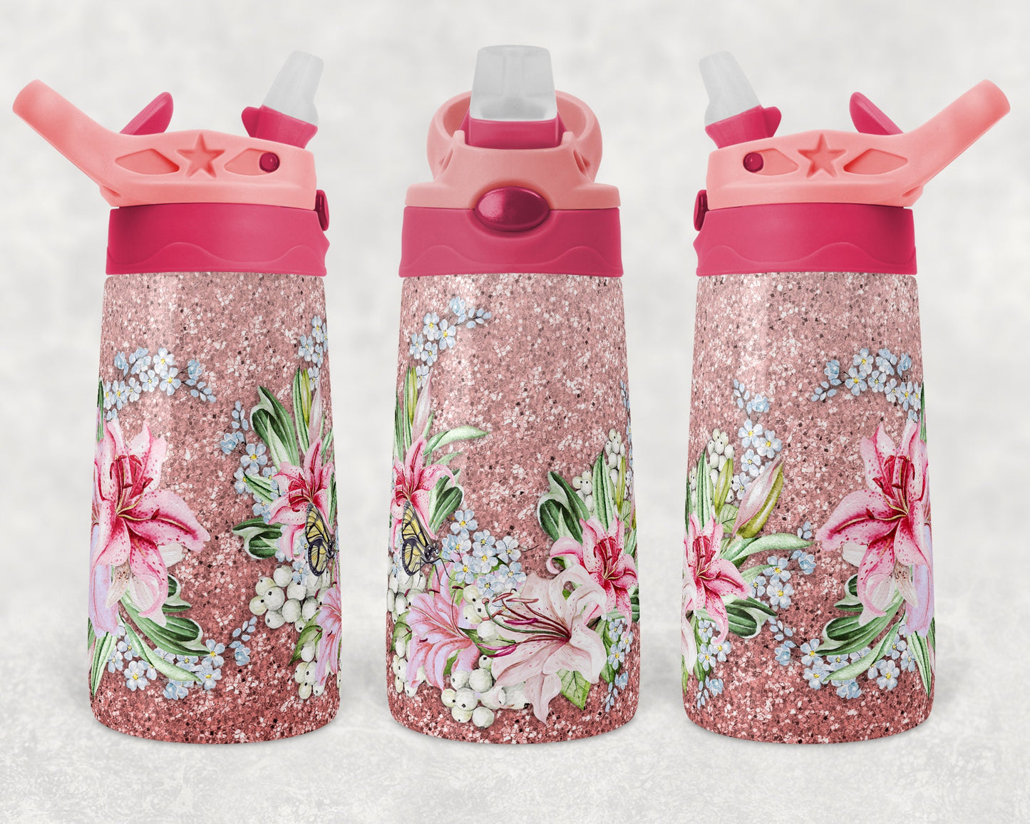 Kids water bottles Sublimation Design Pink Glitter Lily Design