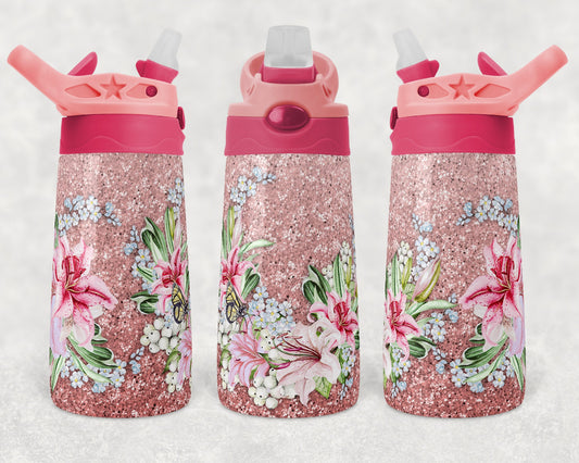 Kids water bottles Sublimation Design Pink Glitter Lily Design