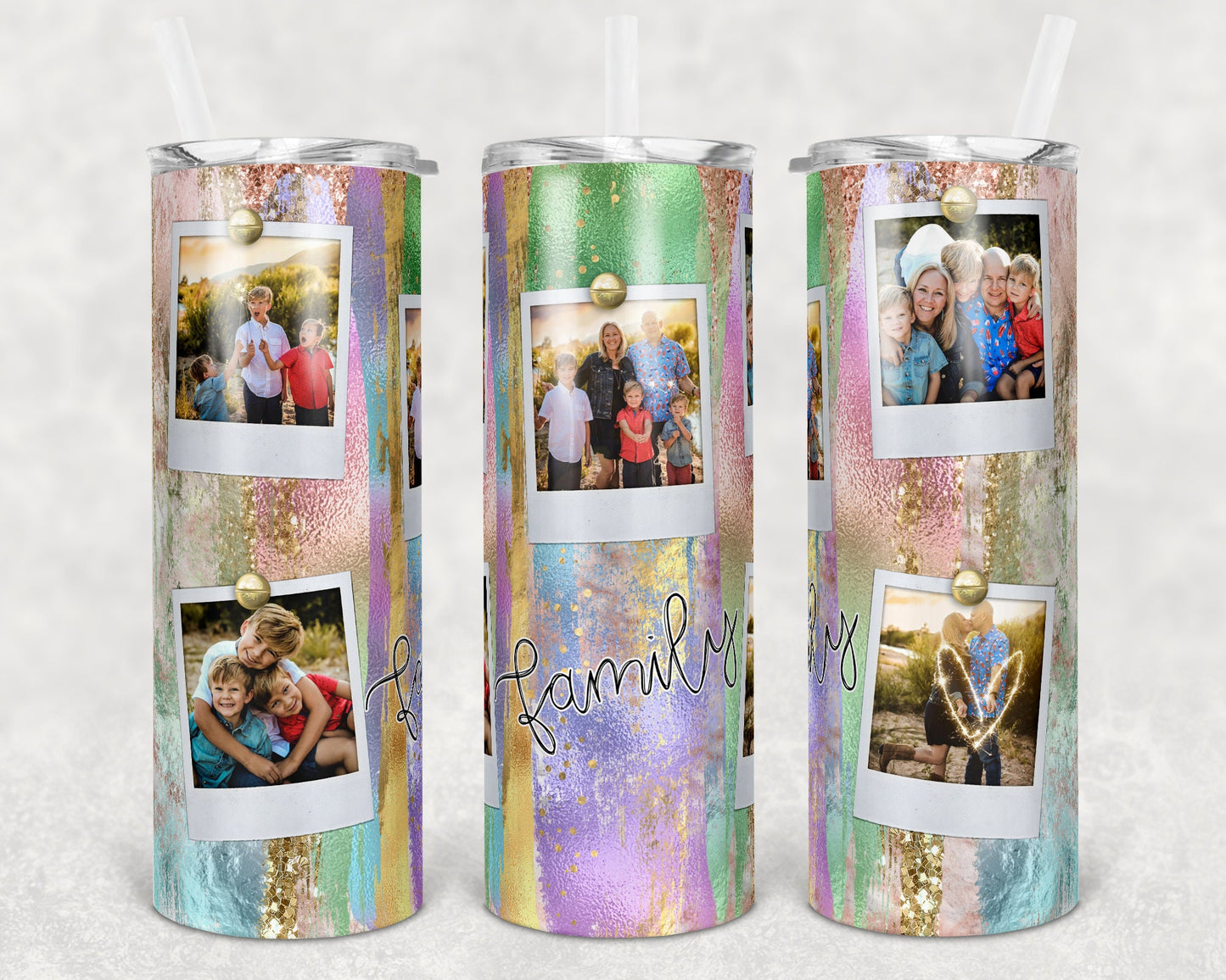 20 oz Skinny Tumbler Picture Frame Pastel Glitter Brush Stroke Sublimation Design