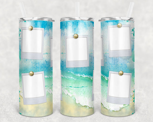 20 oz Skinny Tumbler Picture Frame Beach Crashing Waves Background Sublimation Design