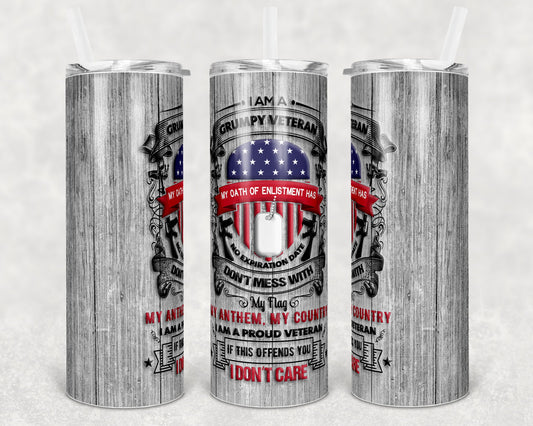 20 oz Skinny Tumbler Patriotic USA Grumpy Veteran Sublimation Design