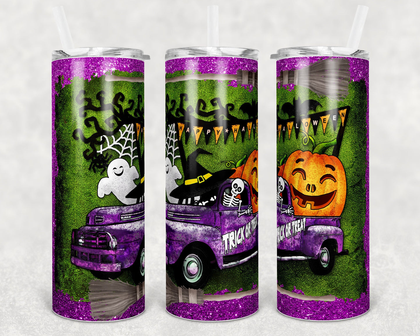 20 oz Skinny Tumbler Sublimation Design Halloween Truck Glitter Design Print Transfer