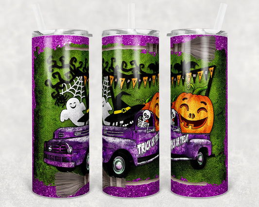 20 oz Skinny Tumbler Sublimation Design Halloween Truck Glitter Design Print Transfer