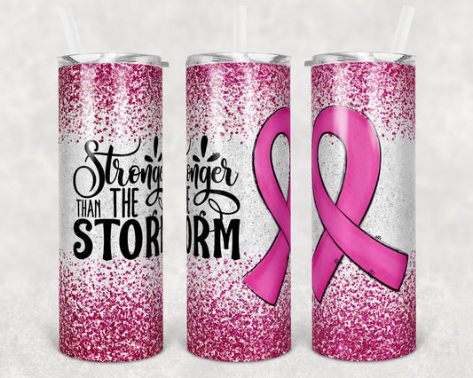 20 oz Skinny Tumbler Sublimation Glitter Pink Breast Cancer Awareness Straight and Warped Design