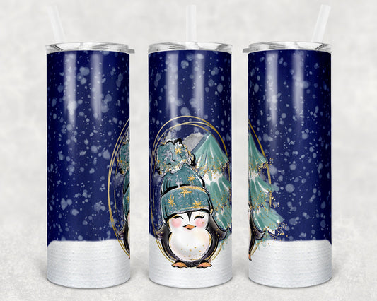 20 oz Skinny Tumbler Sublimation SEAMLESS Winter Penguin Christmas Design Template Straight Warped