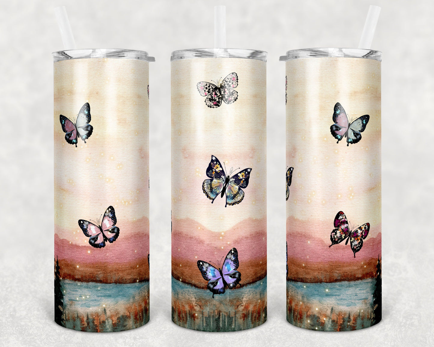 20 oz Skinny Tumbler Lake Nighttime Butterflies Sublimation Design Print Transfer butterfly