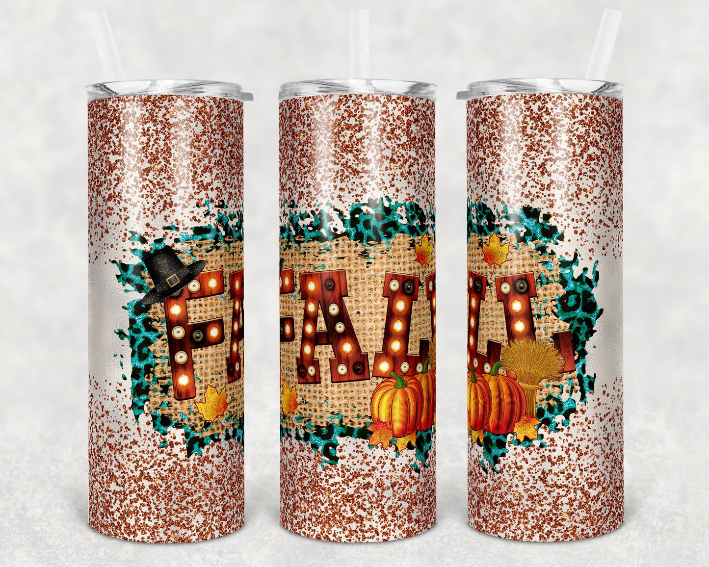 20 oz Skinny Tumbler Sublimation Fall Design Template Glitter Orange Straight and Warped Design