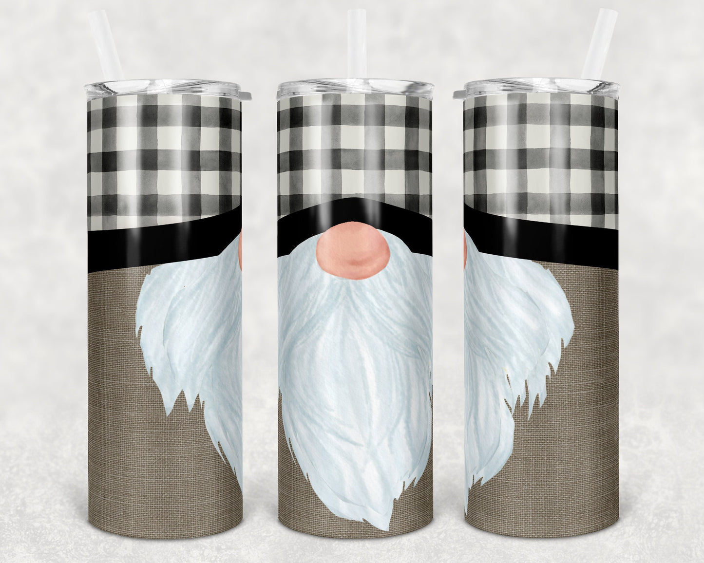 20 oz Skinny Tumbler Sublimation Plaid Gnome Face Cute Straight and Warped Design