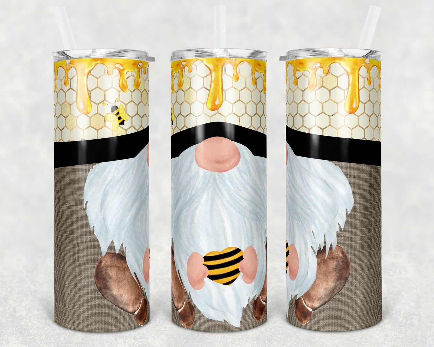 20 oz Skinny Tumbler Sublimation Honey Bee Gnome Face Cute Straight and Warped Design