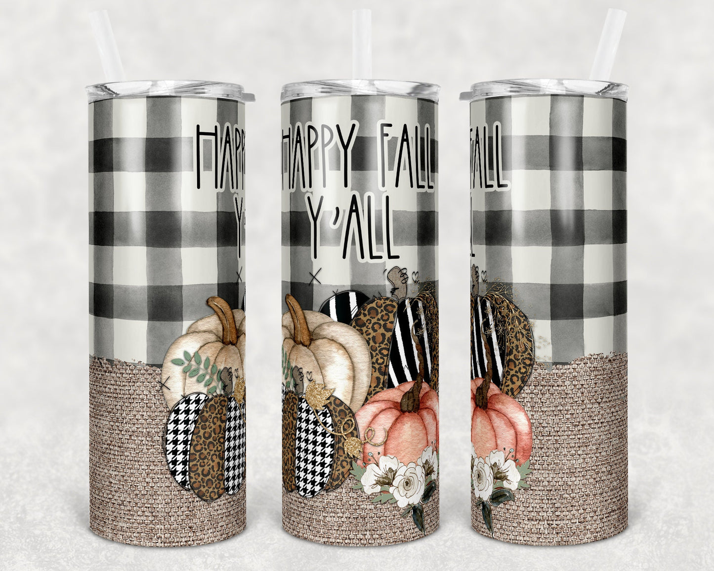 20 oz Skinny Tumbler Sublimation Fall Y'all Burlap and Leopard Pumpkin Design Template Straight and Warped