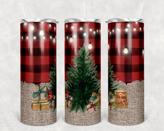 20 oz Skinny Tumbler Sublimation SEAMLESS Burlap and Buffalo Plaid Christmas Design Template Straight Warped