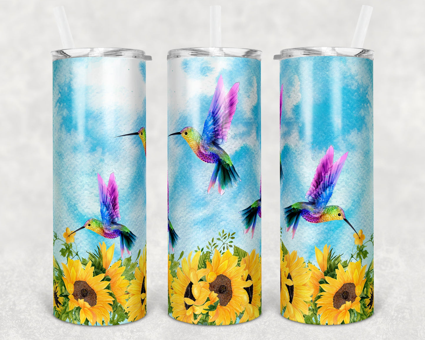 20 oz Skinny Tumbler SEAMLESS Hummingbird and Sunflowers Sublimation Design