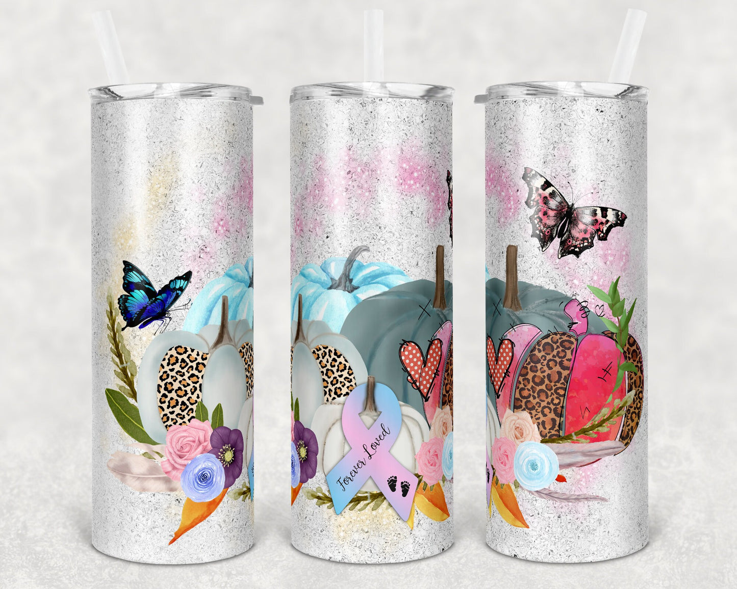 20 oz Skinny Tumbler Sublimation Glitter Pink Blue Pumpkin Infant and Baby Loss Awareness Straight and Warped Design
