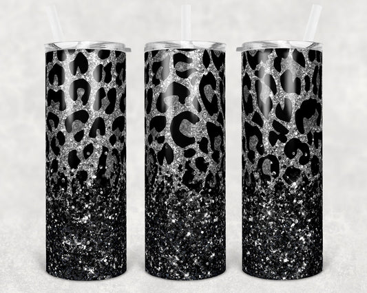 20 oz Skinny Tumbler Sublimation Design Template Silver Leopard Glitter Design tumblers