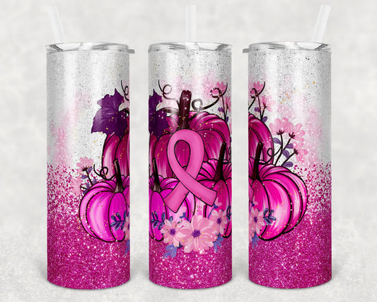 20 oz Skinny Tumbler Sublimation Glitter Pink Pumpkin Cancer Awareness Straight and Warped Design
