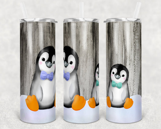 20 oz Skinny Tumbler Sublimation SEAMLESS Winter Penguin Cute Faux Wood Design Template Straight Warped