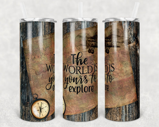 20 oz Skinny Tumbler Sublimation Design Template Travel biplane World to Explore