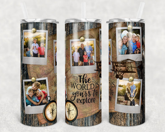 20 oz Skinny Tumbler Picture Frame Vintage Travel World Explore Sublimation Design