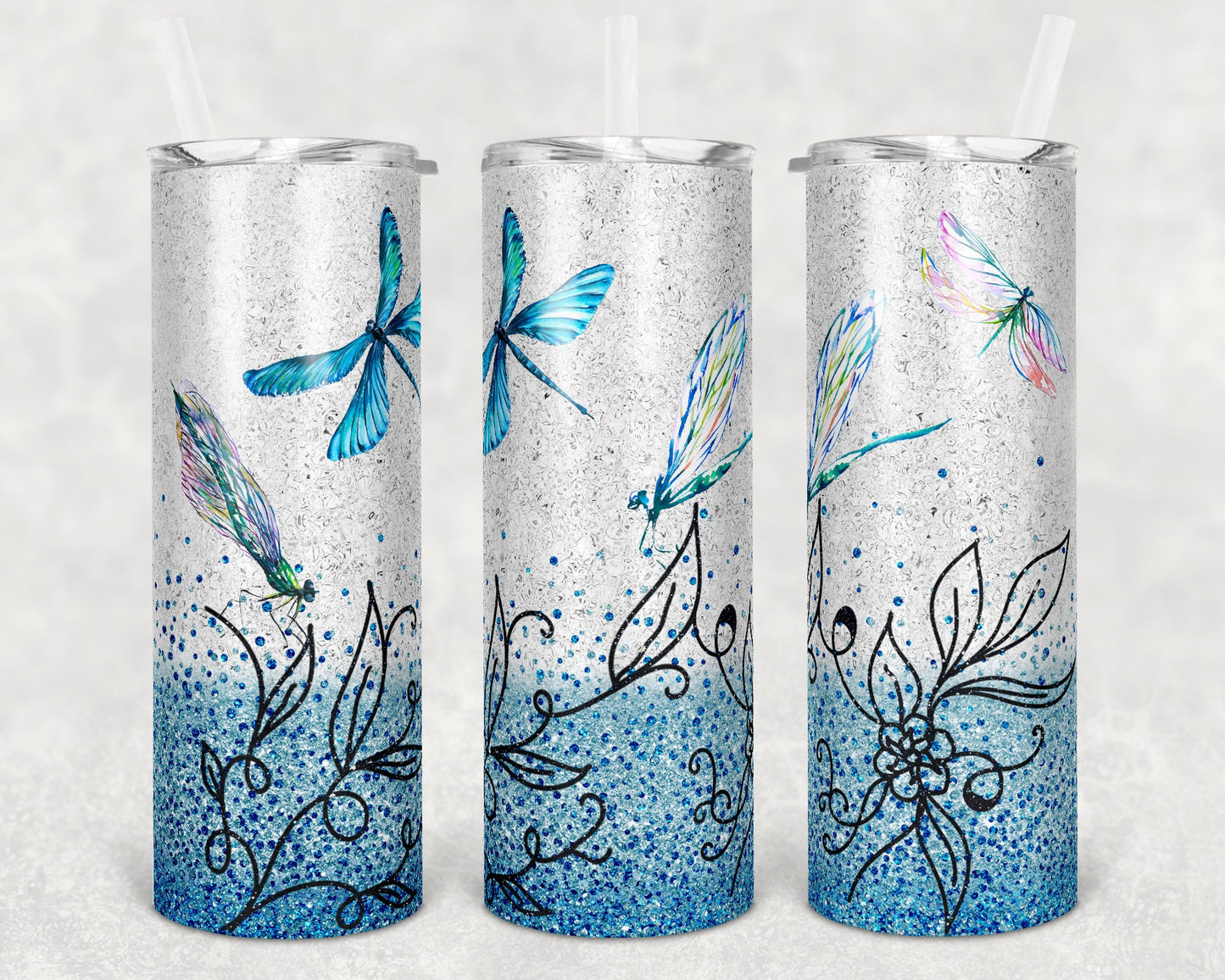 20 oz Skinny Tumbler Glitter Dragonfly Sublimation Design Print Transfer butterfly