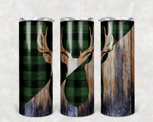 20 oz Skinny Tumbler Sublimation Deer Green Plaid and Wood Design Template Straight Warped