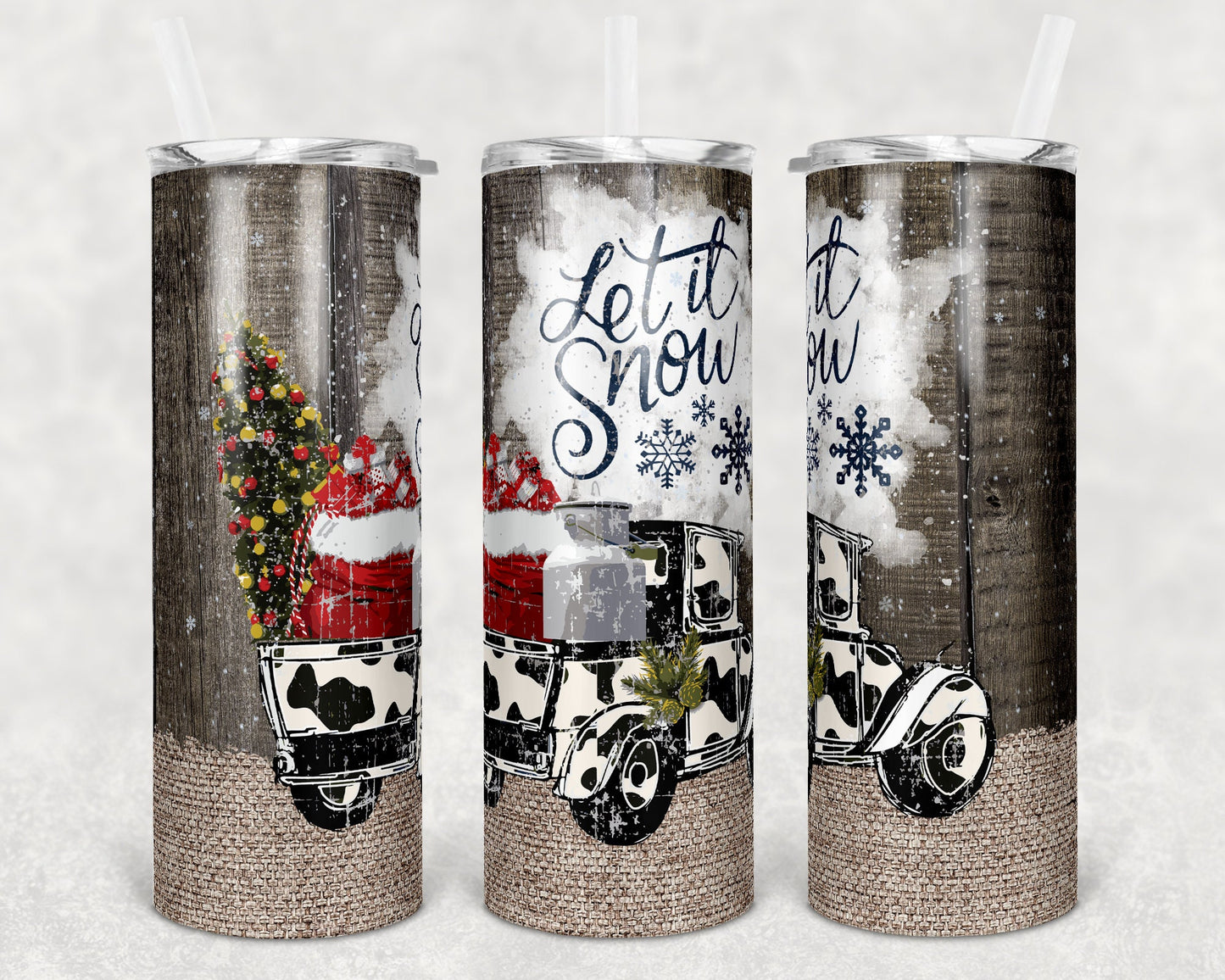 20 oz Skinny Tumbler Sublimation Cow Print Christmas Truck and Wood Design Template Straight Warped