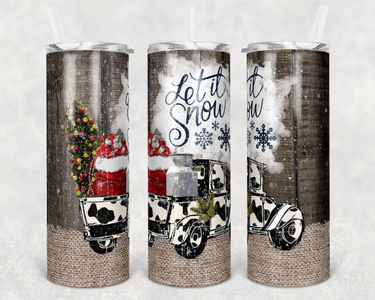 20 oz Skinny Tumbler Sublimation Cow Print Christmas Truck and Wood Design Template Straight Warped