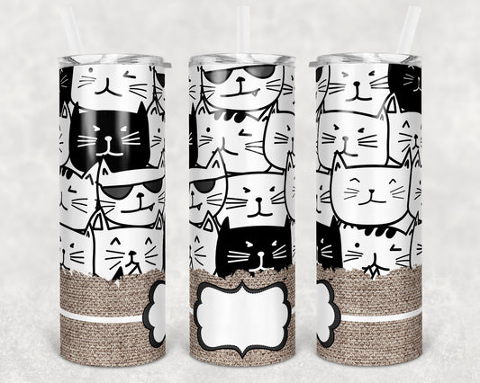 20 oz Skinny Tumbler Sublimation Black White Cats Burlap Dog Personalize Template Straight Warped