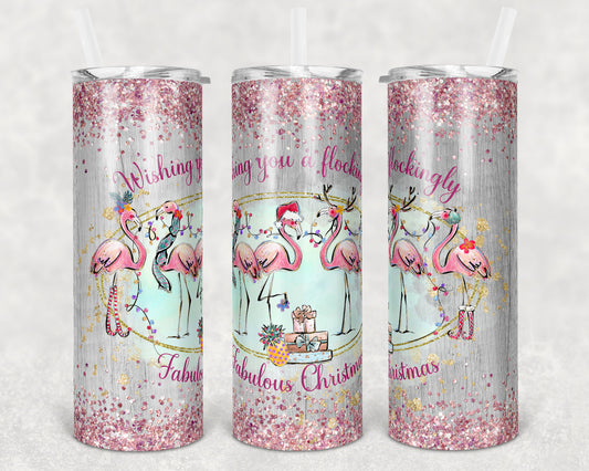 20 oz Skinny Tumbler Sublimation Flocking Fabulous Christmas Flamingo Design Template Straight Warped