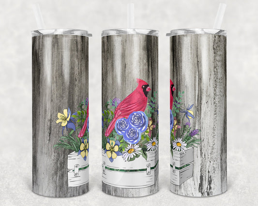 20 oz Skinny Tumbler Cardinal and flower box Sublimation Design Print Transfer