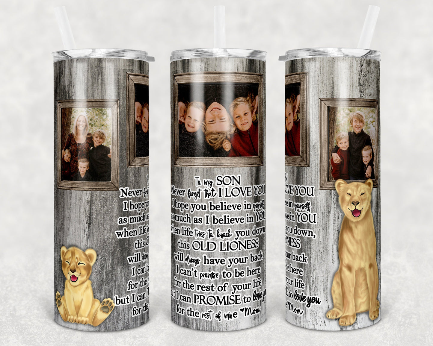 20 oz Skinny Tumbler Picture Frame Seamless Mother Son Lion Sublimation Design