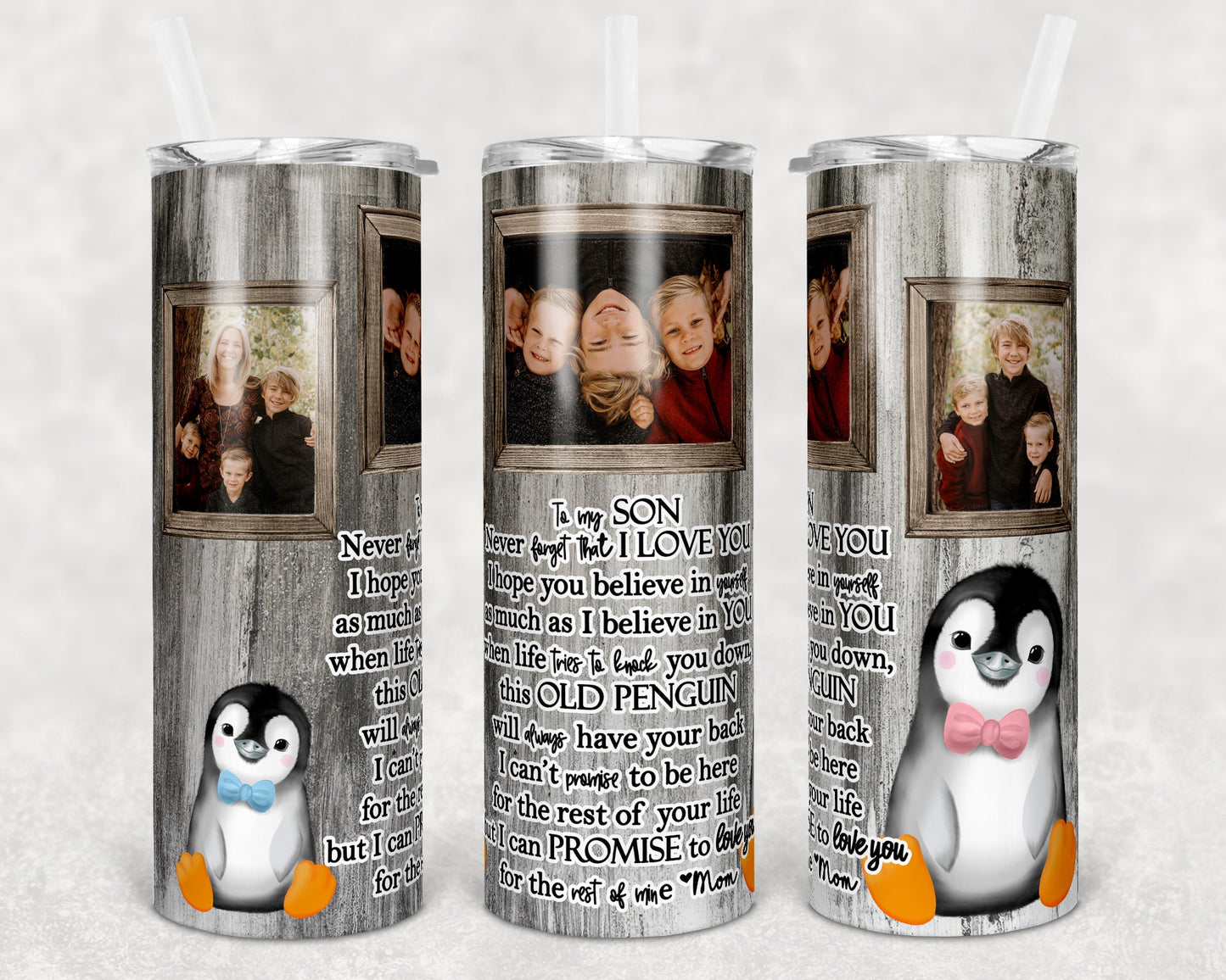 20 oz Skinny Tumbler Picture Frame Seamless Mother Son Penguin Sublimation Design