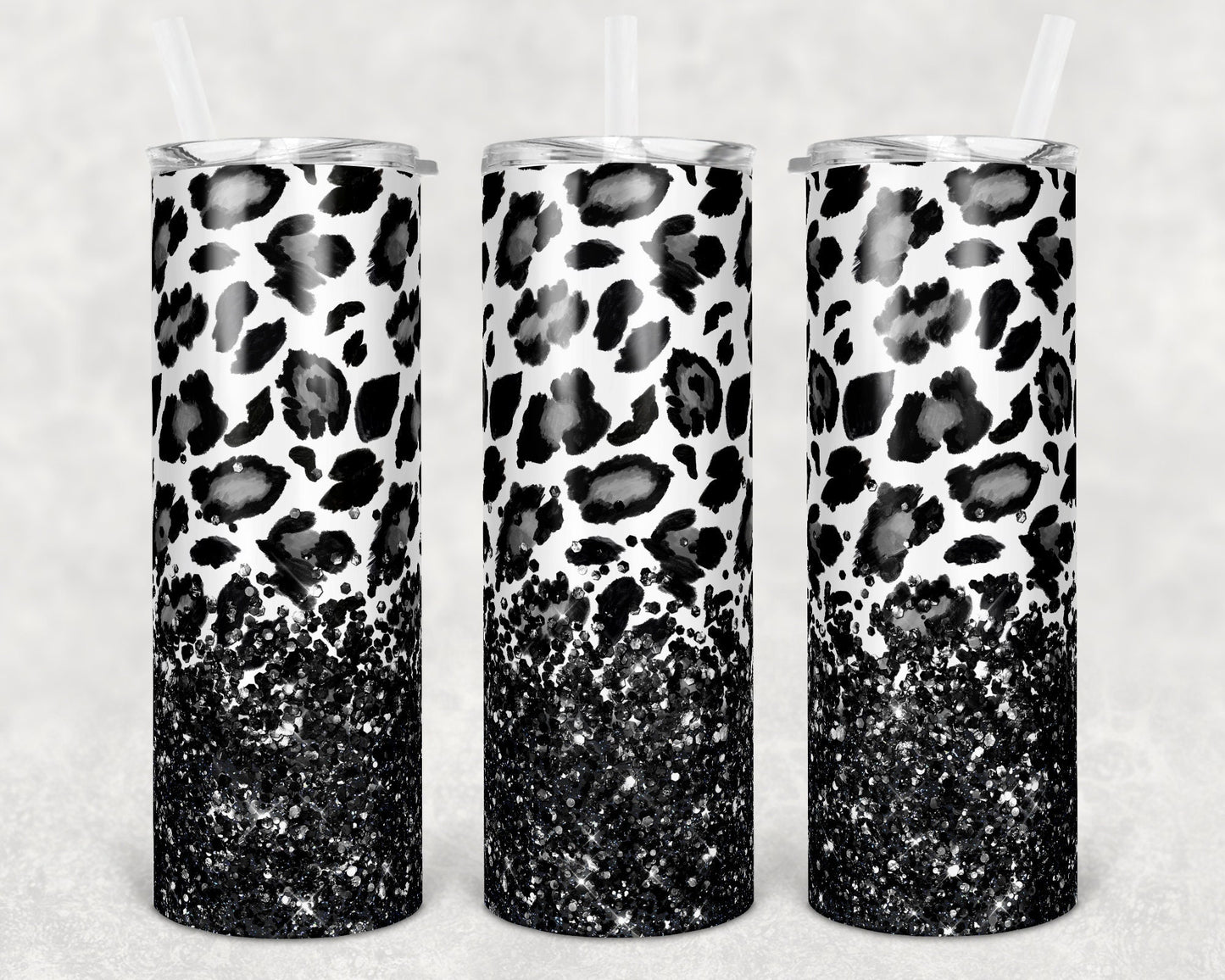 20 oz Skinny Tumbler Sublimation Design Template White Black Leopard Glitter Design tumblers