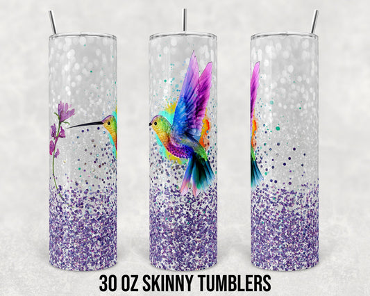 30 oz Skinny Tumbler Sublimation Design Template Faux Glitter Hummingbird Straight and Warped