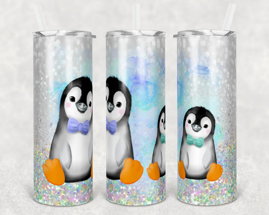 20 oz Skinny Tumbler Sublimation SEAMLESS Winter Penguin Cute Glitter Design Template Straight Warped