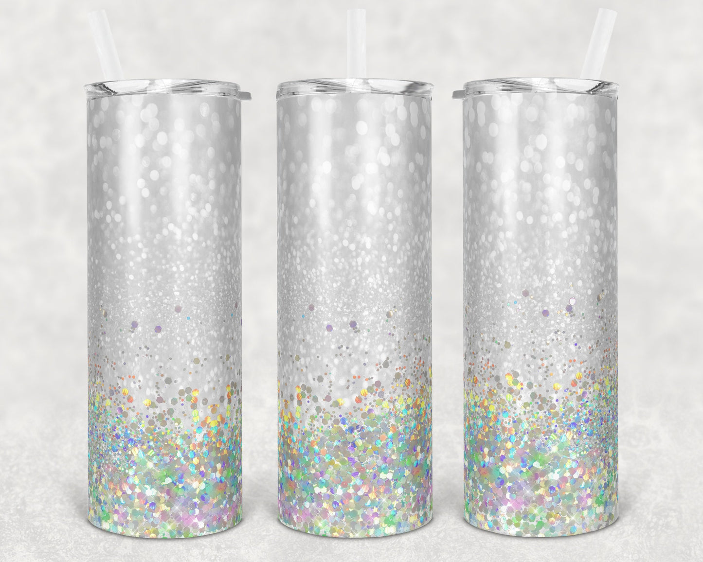 20 oz Skinny Tumbler Sublimation Design Template White Glitter Holographic Straight and Warped Design