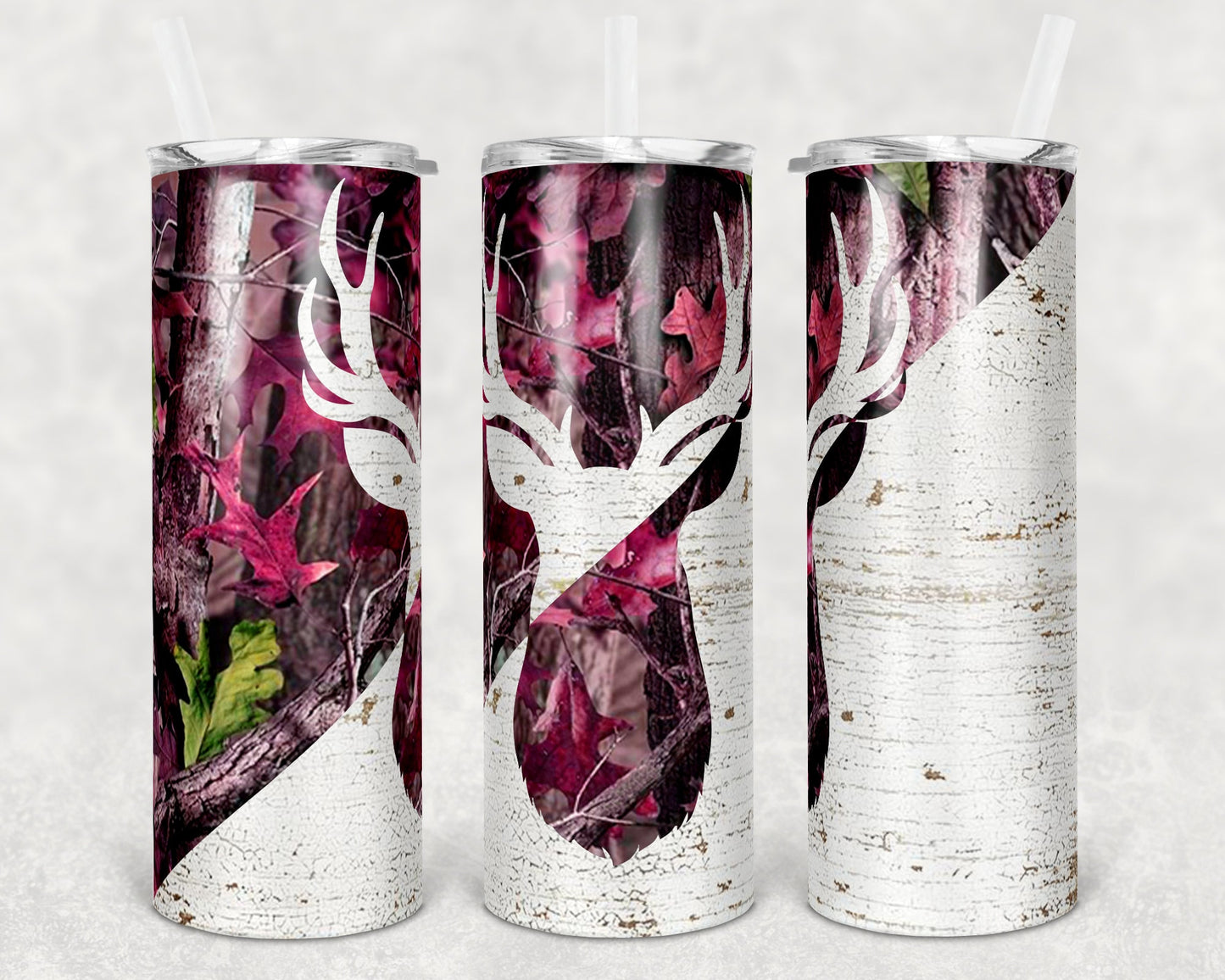 20 oz Skinny Tumbler Camp Deer Pink Camo and Wood Sublimation Design Print Transfer