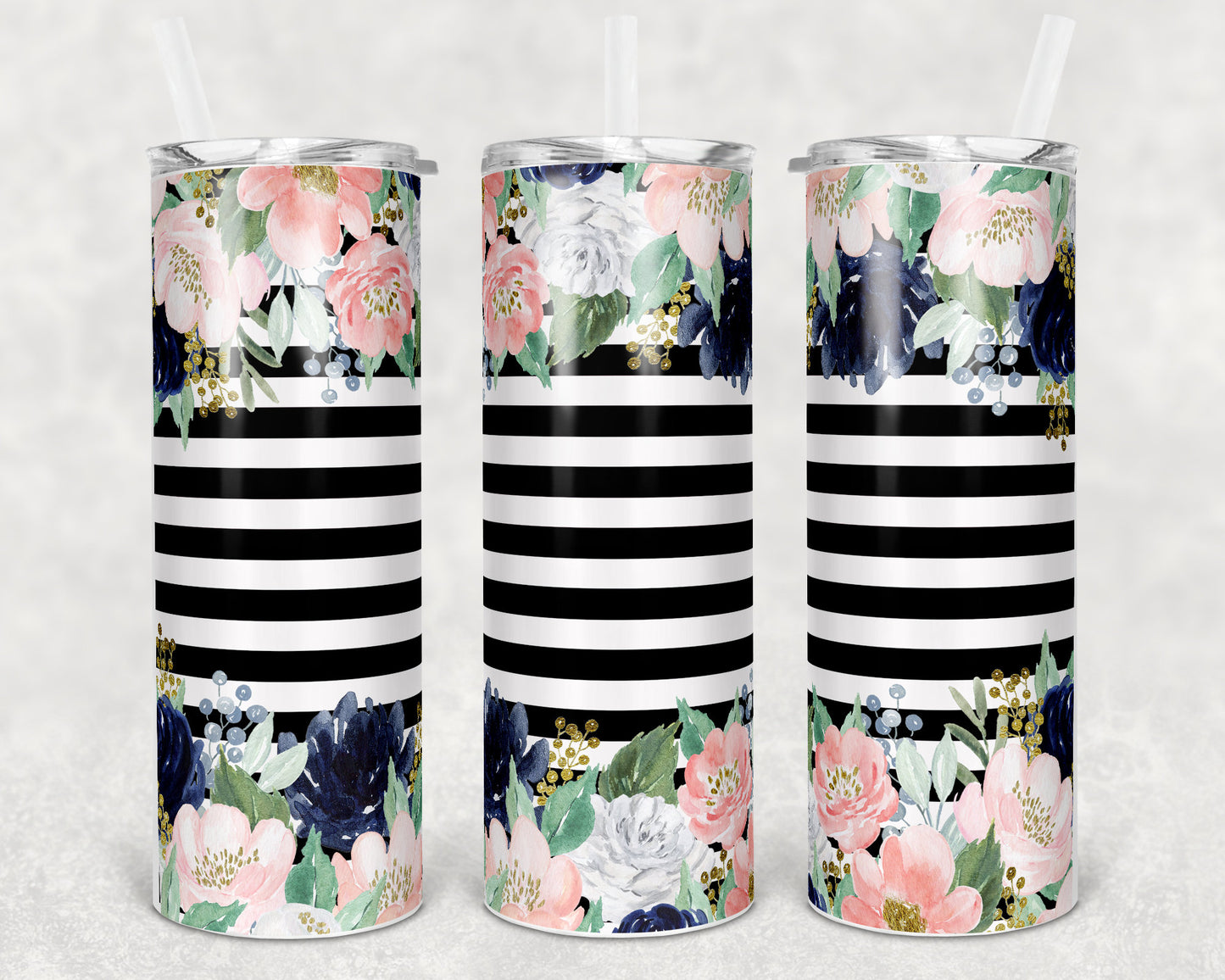 20 oz Skinny Tumbler Striped Black Floral Sublimation Design Print Transfer